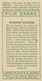 1934 Player's Film Stars #4 Warner Baxter Back