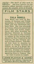 1934 Player's Film Stars #6 Tala Birell Back