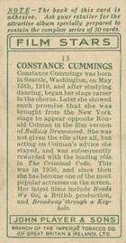 1934 Player's Film Stars #13 Constance Cummings Back