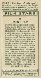1934 Player's Film Stars #27 Jack Holt Back