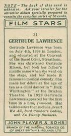 1934 Player's Film Stars #31 Gertrude Lawrence Back
