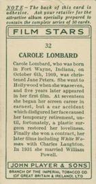 1934 Player's Film Stars #32 Carole Lombard Back
