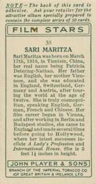 1934 Player's Film Stars #38 Sari Maritza Back