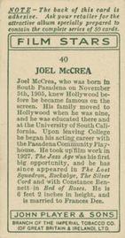 1934 Player's Film Stars #40 Joel McCrea Back