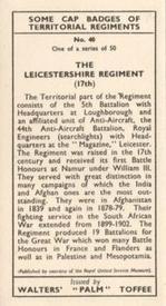 1938 Walters' Palm Toffee Some Cap Badges of Territorial Regiments #40 The Leicestershire Regiment (17th) Back