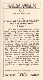1938 Walters' Palm Toffee Some Cap Badges of Territorial Regiments #47 The Royal Wiltshire Yeomanry (Prince of Wales's Own) (Hussars) Back