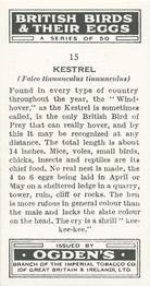 1939 Ogden's British Birds and Their Eggs #15 Kestrel Back