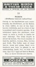 1939 Ogden's British Birds and Their Eggs #33 Robin Back
