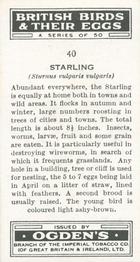 1939 Ogden's British Birds and Their Eggs #40 Starling Back