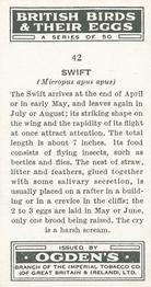 1939 Ogden's British Birds and Their Eggs #42 Swift Back