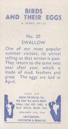 1958 Swettenhams Tea Birds and Their Eggs #20 Swallow Back