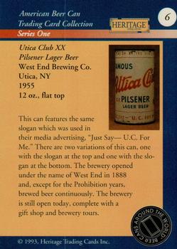 1993 Heritage Beer Cans Around The World #6 Utica Club XX Pilsner Lager Beer Back