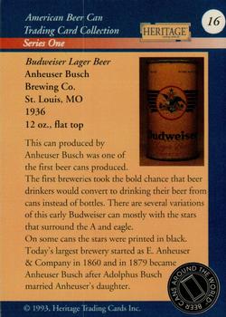 1993 Heritage Beer Cans Around The World #16 Budweiser Lager Beer Back