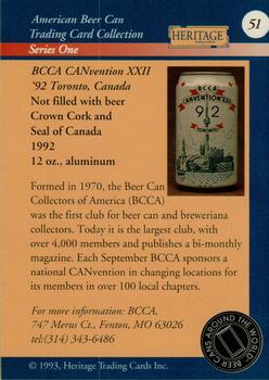 1993 Heritage Beer Cans Around The World #51 BCCA CANvention XXII '92 Toronto Canada Back