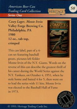 1993 Heritage Beer Cans Around The World #58 Casey Lager, Monte Irvin Back