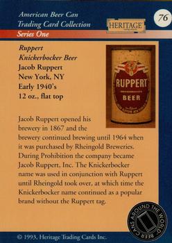 1993 Heritage Beer Cans Around The World #76 Ruppert Knickerbocker Beer Back