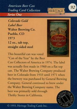 1993 Heritage Beer Cans Around The World #92 Colorado Gold Label Beer Back