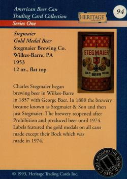 1993 Heritage Beer Cans Around The World #94 Stegmaier Gold Medal Beer Back