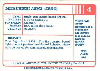 1988 Universe Games Classic Aircraft #4 Mitsubishi A6M3 (Zero) Back