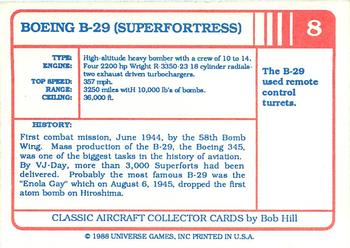 1988 Universe Games Classic Aircraft #8 Boeing B-29 (Superfortress) Back