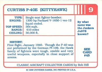 1988 Universe Games Classic Aircraft #9 Curtis P-40E (Kittyhawk) Back