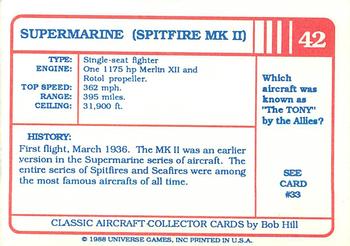 1988 Universe Games Classic Aircraft #42 Supermarine (Spitfire MK II) Back