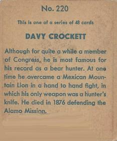 1933 Anonymous Western (R128-2) #220 Davy Crockett Back
