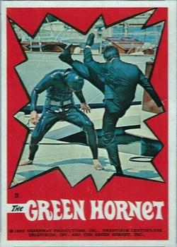 1966 Topps The Green Hornet Stickers #8 (red; white letters; image in explosion) Front