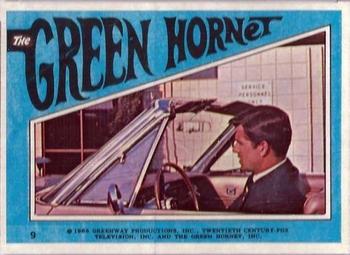 1966 Topps The Green Hornet Stickers #9 (blue; black letters; image in trapezoid) Front