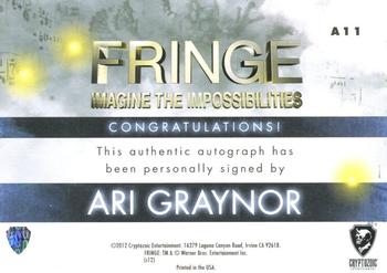 2012 Cryptozoic Fringe Seasons 1 & 2 - Autographs #A11 Ari Graynor Back