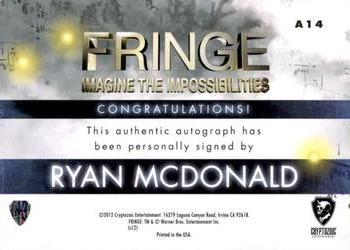 2012 Cryptozoic Fringe Seasons 1 & 2 - Autographs #A14 Ryan McDonald Back