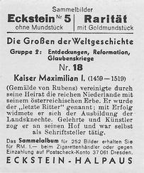 1934 Eckstein-Halpaus Die Grossen der Weltgeschichte (The Greats of World History) #18 Kaiser Maximilian I Back