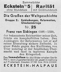 1934 Eckstein-Halpaus Die Grossen der Weltgeschichte (The Greats of World History) #25 Franz von Sickingen Back