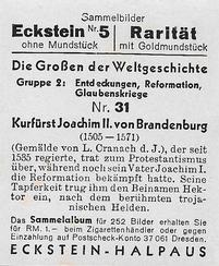 1934 Eckstein-Halpaus Die Grossen der Weltgeschichte (The Greats of World History) #31 Kurfurst Joachim II von Brandenburg Back