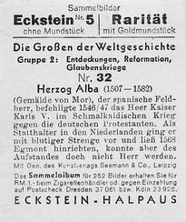 1934 Eckstein-Halpaus Die Grossen der Weltgeschichte (The Greats of World History) #32 Herzog Alba Back