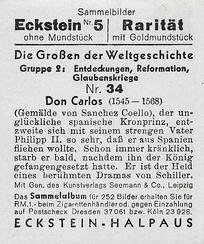 1934 Eckstein-Halpaus Die Grossen der Weltgeschichte (The Greats of World History) #34 Don Carlos Back