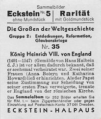 1934 Eckstein-Halpaus Die Grossen der Weltgeschichte (The Greats of World History) #35 Konig Heinrich VIII von England Back