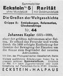 1934 Eckstein-Halpaus Die Grossen der Weltgeschichte (The Greats of World History) #44 Johannes Kepler Back