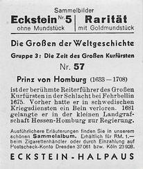 1934 Eckstein-Halpaus Die Grossen der Weltgeschichte (The Greats of World History) #57 Prinz von Homburg Back