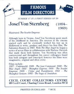 1992 Cecil Court Famous Film Directors #17 Josef Von Sternberg Back