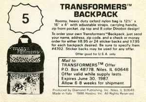 1986 Diamond Transformers: The Movie Stickers #5 Sticker 5 Back