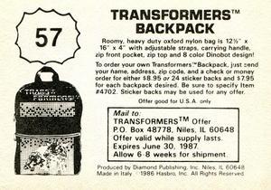 1986 Diamond Transformers: The Movie Stickers #57 Sticker 57 Back