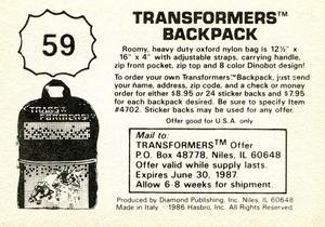 1986 Diamond Transformers: The Movie Stickers #59 Sticker 59 Back