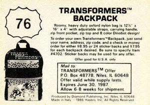 1986 Diamond Transformers: The Movie Stickers #76 Sticker 76 Back