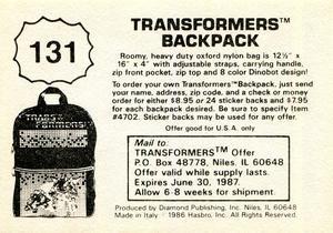 1986 Diamond Transformers: The Movie Stickers #131 Sticker 131 Back