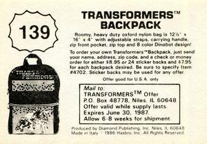 1986 Diamond Transformers: The Movie Stickers #139 Sticker 139 Back