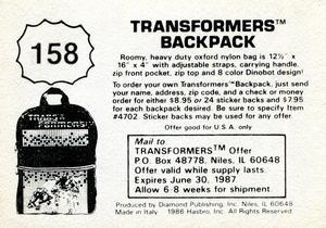 1986 Diamond Transformers: The Movie Stickers #158 Sticker 158 Back