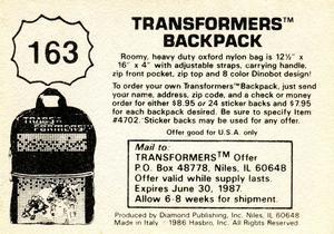 1986 Diamond Transformers: The Movie Stickers #163 Sticker 163 Back