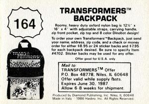1986 Diamond Transformers: The Movie Stickers #164 Sticker 164 Back