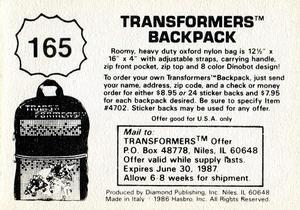 1986 Diamond Transformers: The Movie Stickers #165 Sticker 165 Back